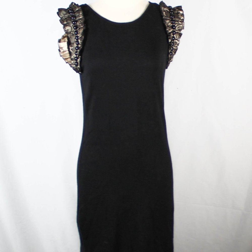 Vintage Y2K Black Dress with Beaded Ruffle Tan Champagne Toned Lace Design